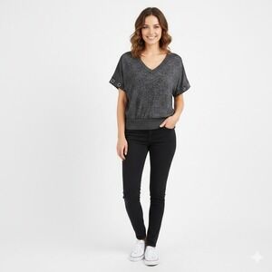 Parallel Skies Womens‎ V-Neck Marled Knit Top Charcoal Grey Grommet Sleeve
